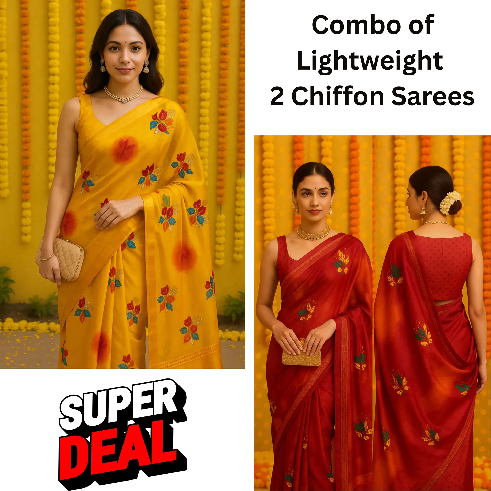 Combo: 2 Lightweight Chiffon Sarees - Floral
