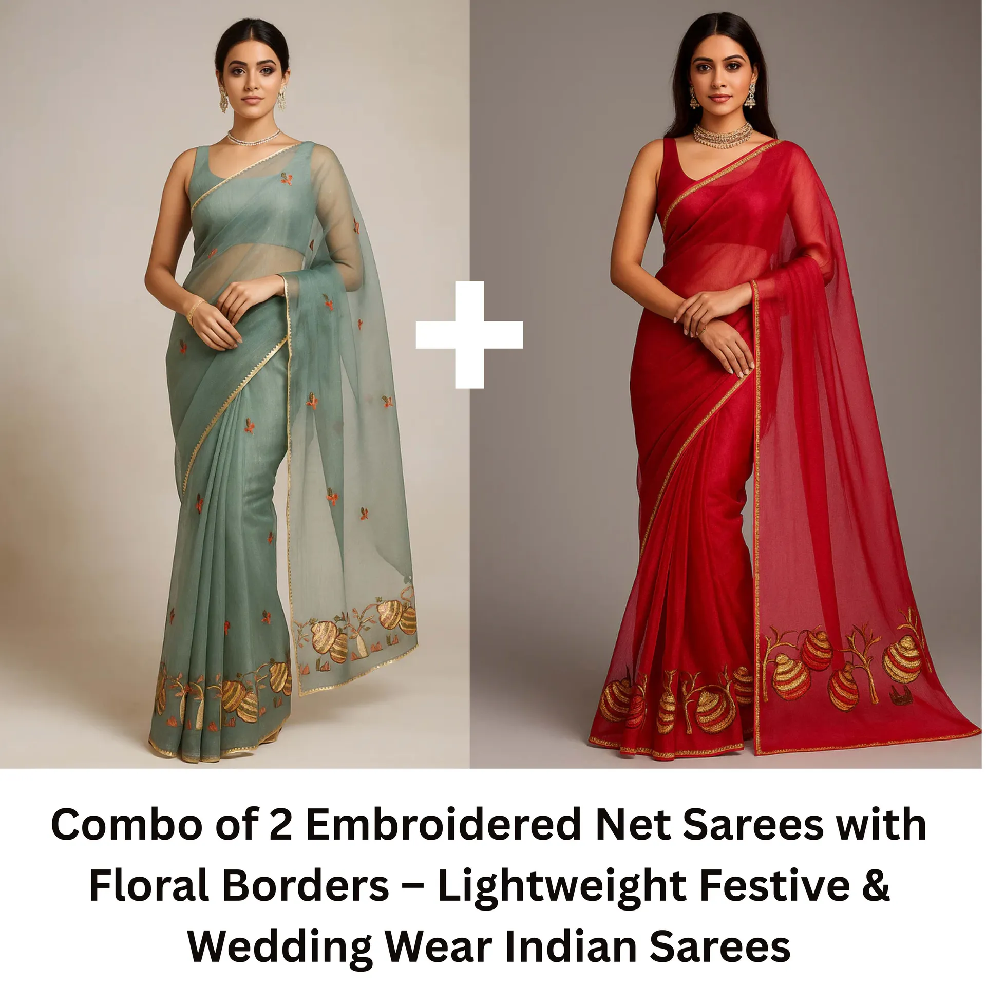 Combo: 2 Embroidered Net Sarees - Floral Border - Net Saree Online India - Buy at ₹555 - Image 1