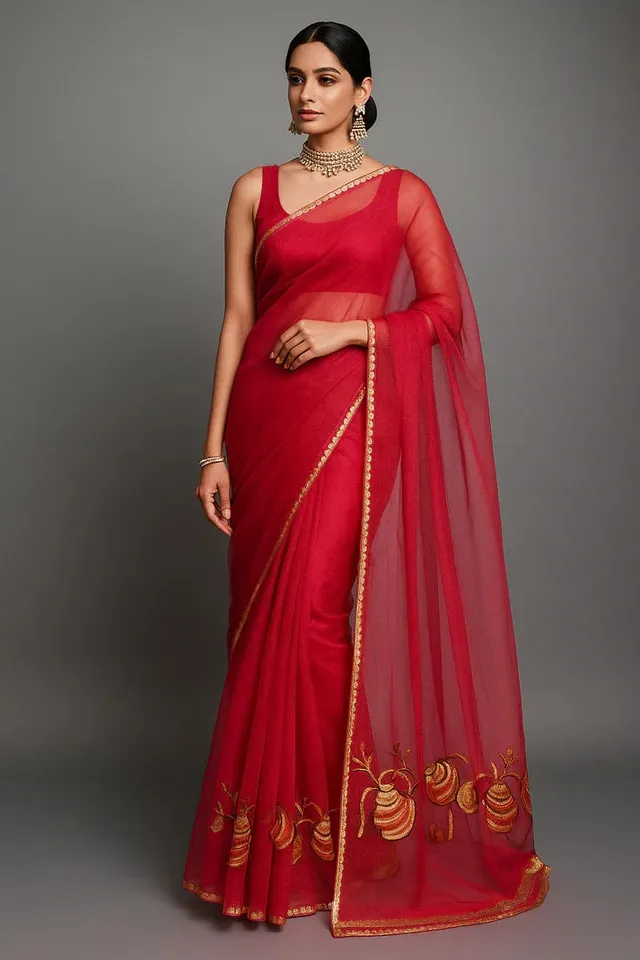 Combo: 2 Embroidered Net Sarees - Floral Border - View 3