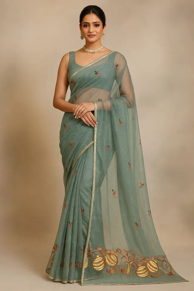 Combo: 2 Embroidered Net Sarees - Floral Border - View 8
