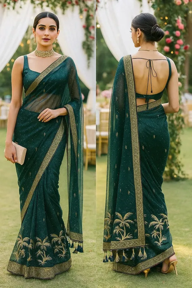 Combo: 2 Twill Net Sarees - Sequin & Golden Border - View 2