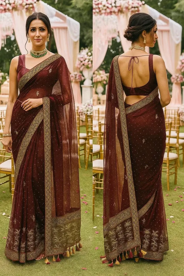 Combo: 2 Twill Net Sarees - Sequin & Golden Border - View 3