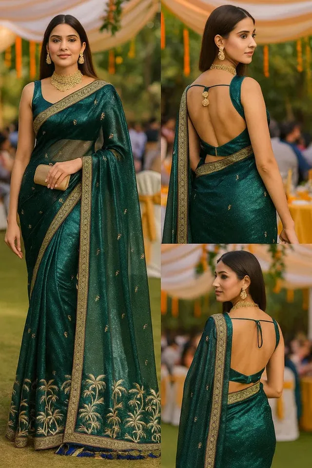 Combo: 2 Twill Net Sarees - Sequin & Golden Border - View 4