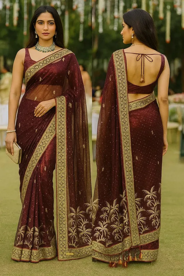 Combo: 2 Twill Net Sarees - Sequin & Golden Border - View 5