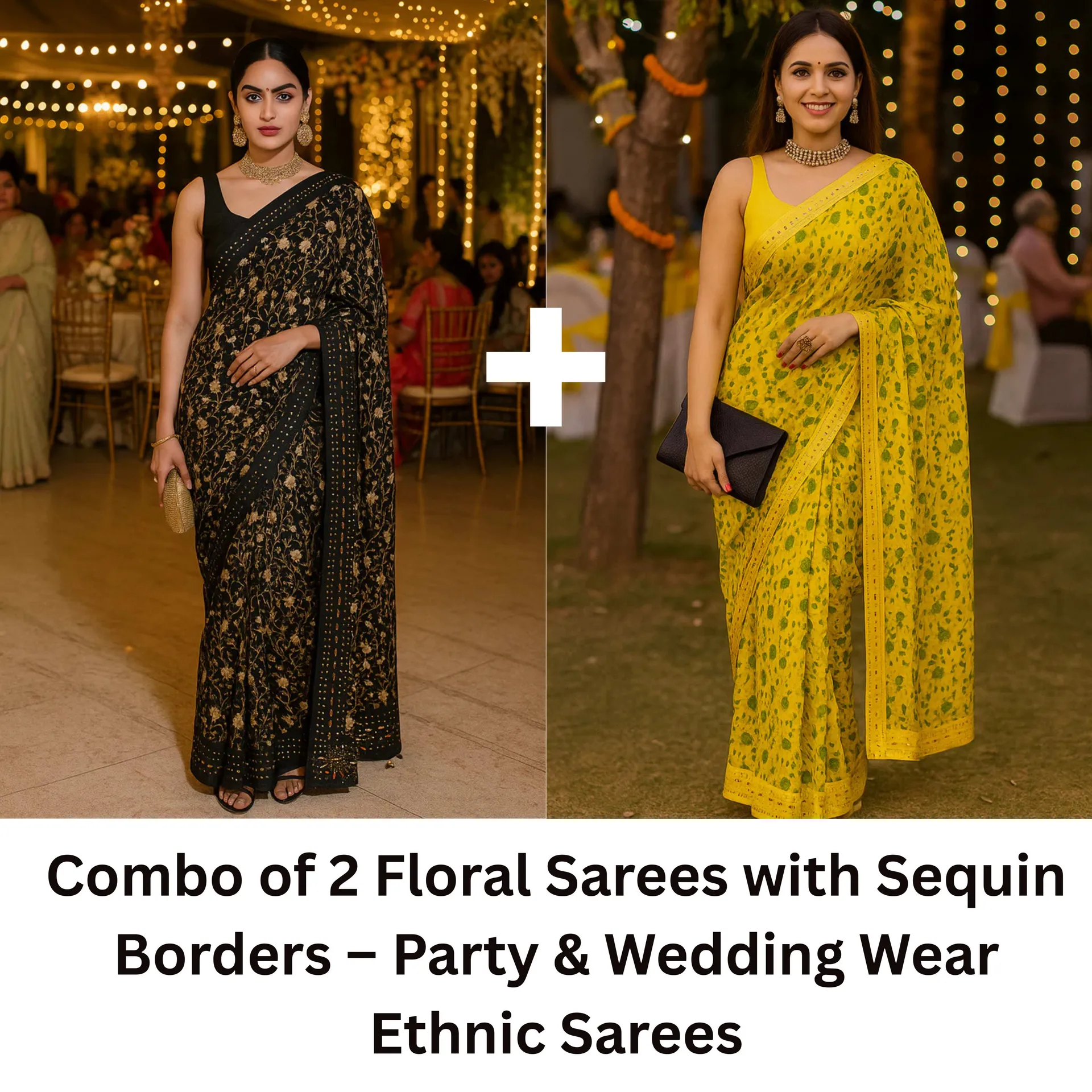 Combo: 2 Floral Sarees with Sequin Border - Silk Saree Online India - Buy at ₹755 - Image 1