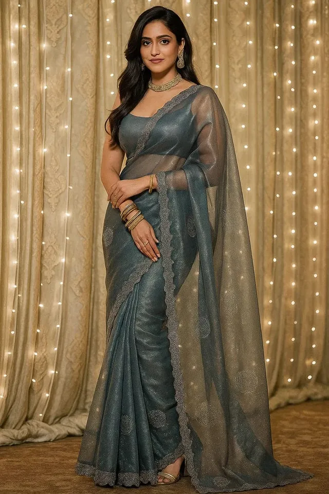 Combo: 2 Premium Twill Net Sarees - Glitter Work - View 7