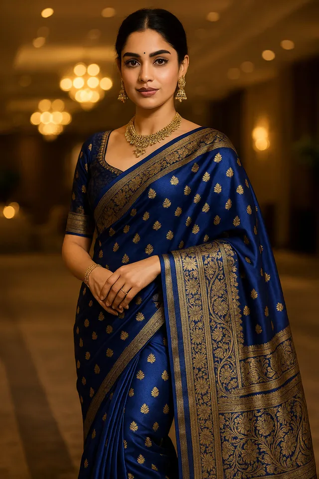 Emerald Navy Blue Kanjeevaram Silk Saree - Zari