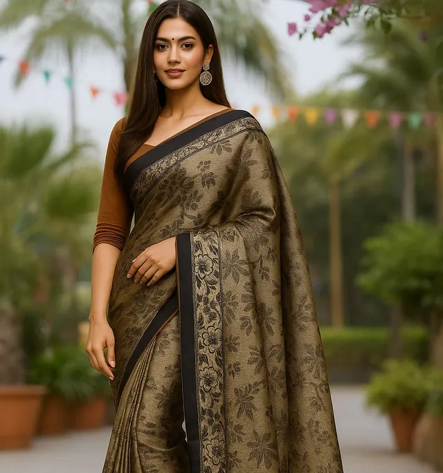 Elegant Olive Black Braso Silk Saree - View 2