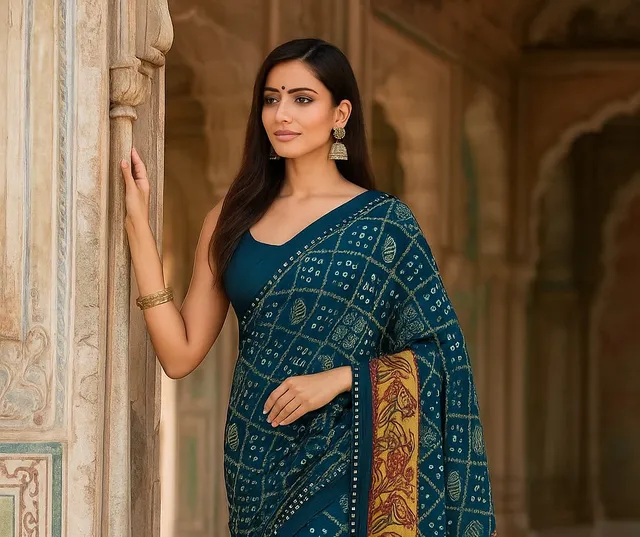 Traditional Gharchola Saree with Bandhani & Folk Art Border - View 2