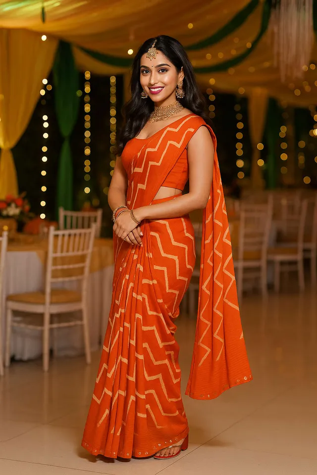 Orange & White Zigzag Printed Chiffon Saree with Matching Blouse - View 2