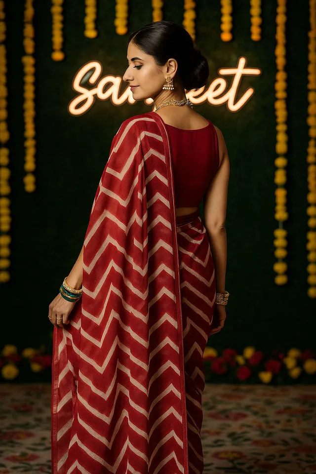 Maroon & White Zigzag Printed Chiffon Saree with Matching Blouse - View 2