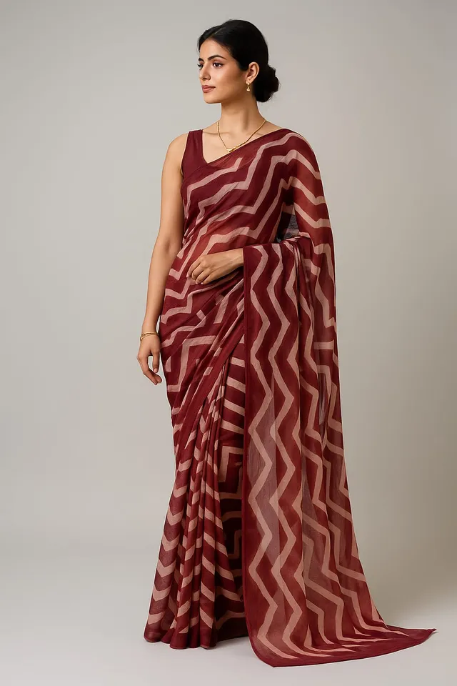 Maroon & White Zigzag Printed Chiffon Saree with Matching Blouse - View 3