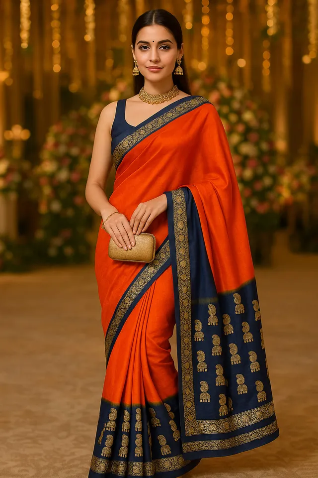 Elegant Orange & Blue Vichitra Silk Saree with Lace Border Blouse - View 2