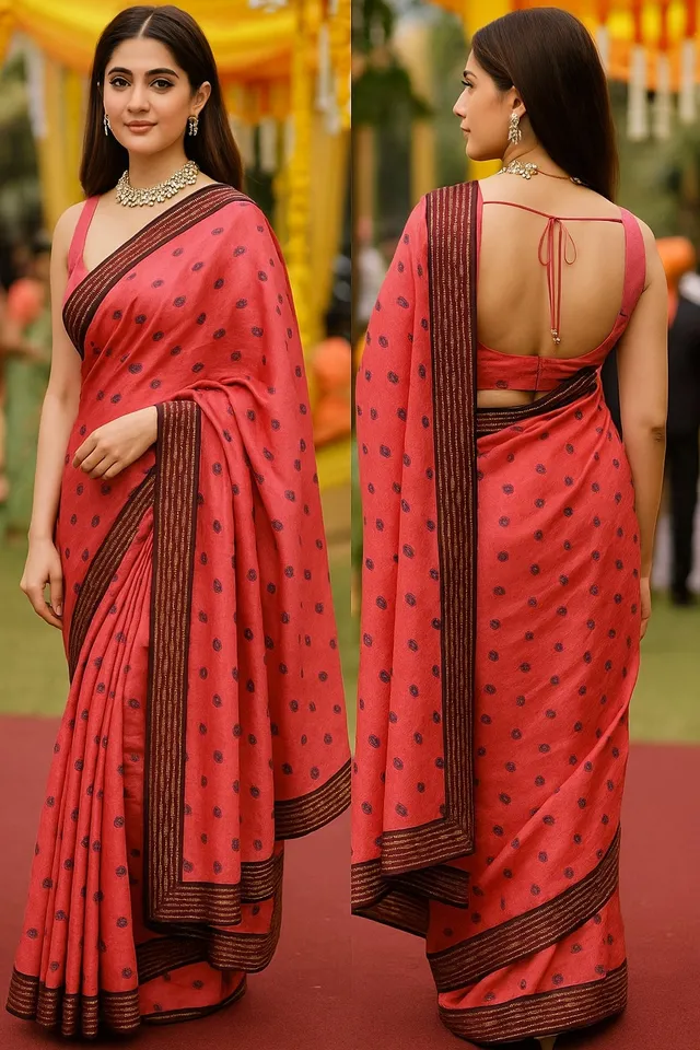 Vibrant Pink Printed Saree with Zari Border Lace - View 2