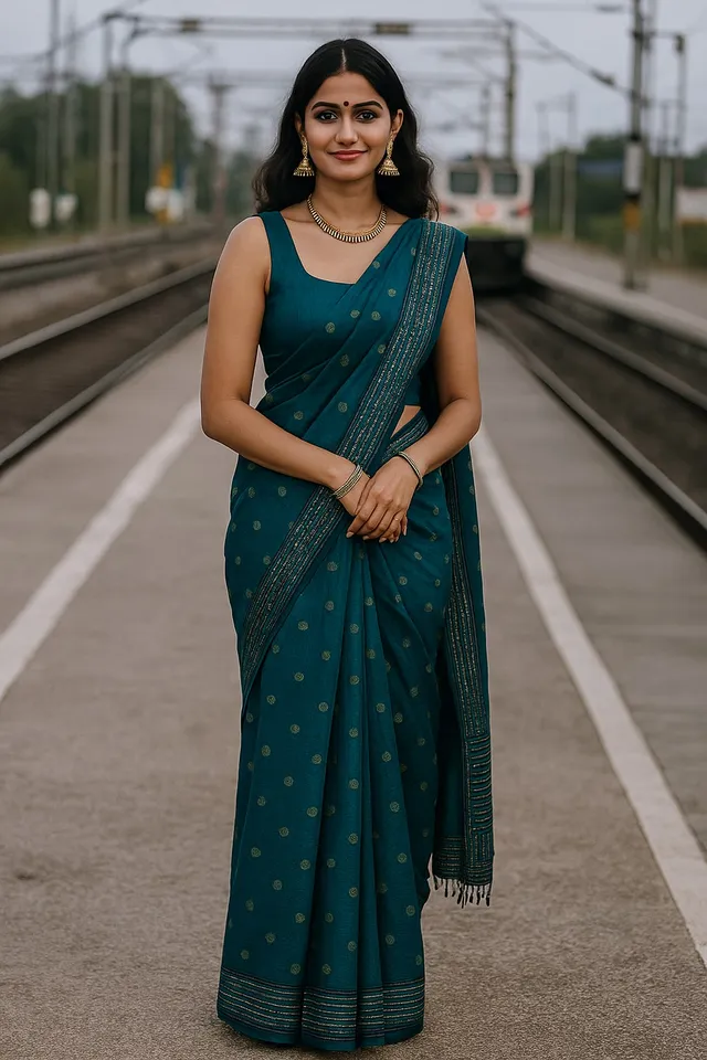 Vibrant Blue Printed Saree with Zari Border Lace - View 2