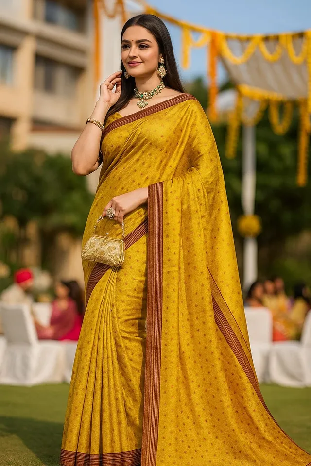 Vibrant Yellow Printed Saree with Zari Border Lace - View 2