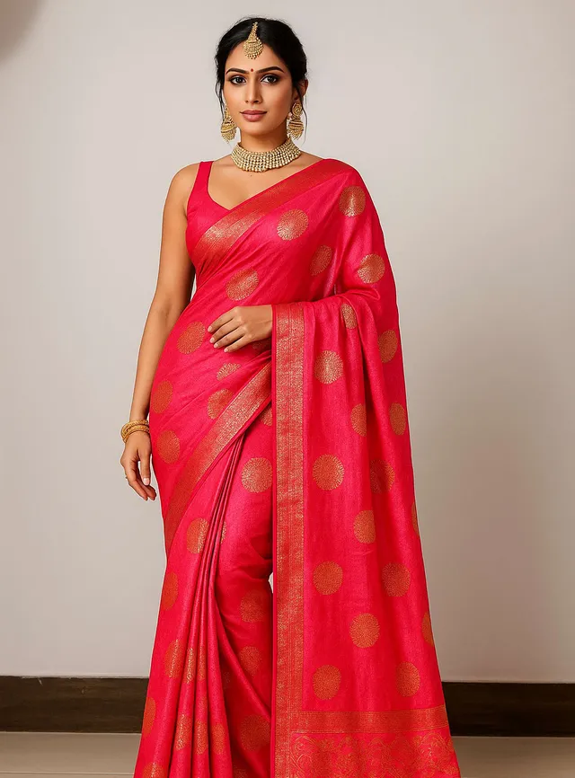 Elegant Pink Vichitra Silk Saree with Foil Print & Samosa Lace Border - Second View