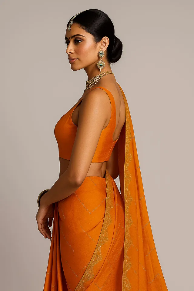 Jimmy Choo-Inspired Orange Saree with Subtle Golden Accents - View 2