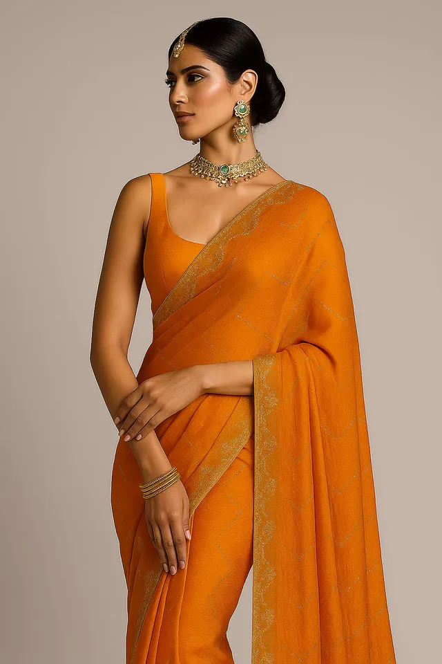 Jimmy Choo-Inspired Orange Saree with Subtle Golden Accents - View 3