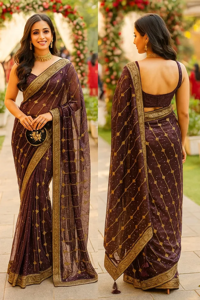 Regal Wine Twill Net Saree - Golden Embroidery - Net Saree Online India - Buy at ₹625 - Image 1