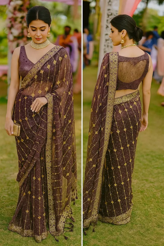 Regal Wine Twill Net Saree - Golden Embroidery - View 2
