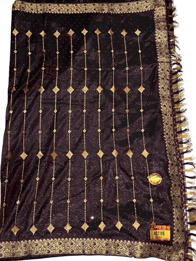 Regal Wine Twill Net Saree - Golden Embroidery - View 3