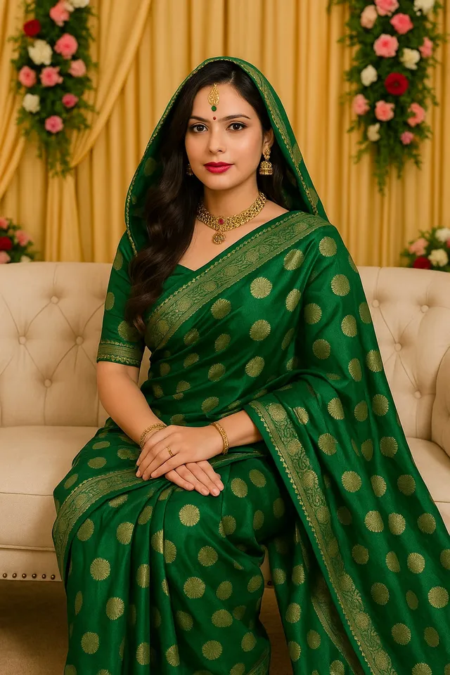 Elegant Green Vichitra Silk Saree with Foil Print & Samosa Lace Border - View 2