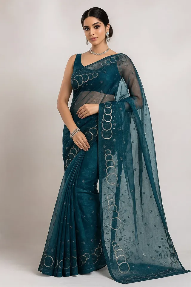 Midnight Blue Embroidered Organza Saree