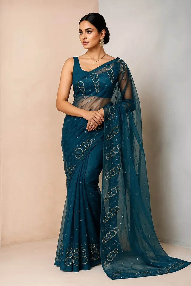 Midnight Blue Embroidered Organza Saree - View 2