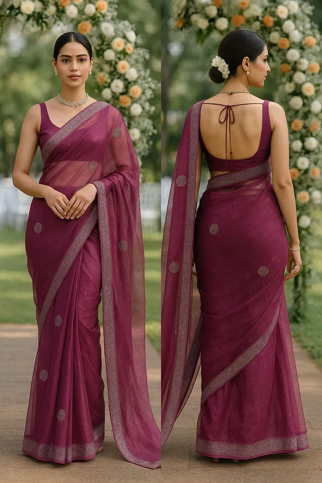 Elegance with this mesmerizing maroon twill net saree - Net Saree Online India - Buy at ₹525 - Image 1