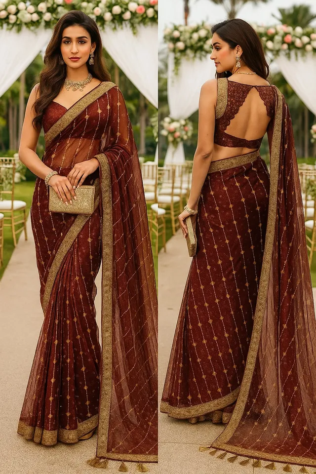 Designer Twill Net Saree with Cut work Shimmering Sequin Border - View 2