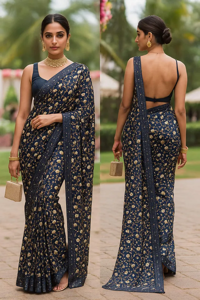 Vibrant Blue Floral Light Weight Saree with Mirror Border - View 2
