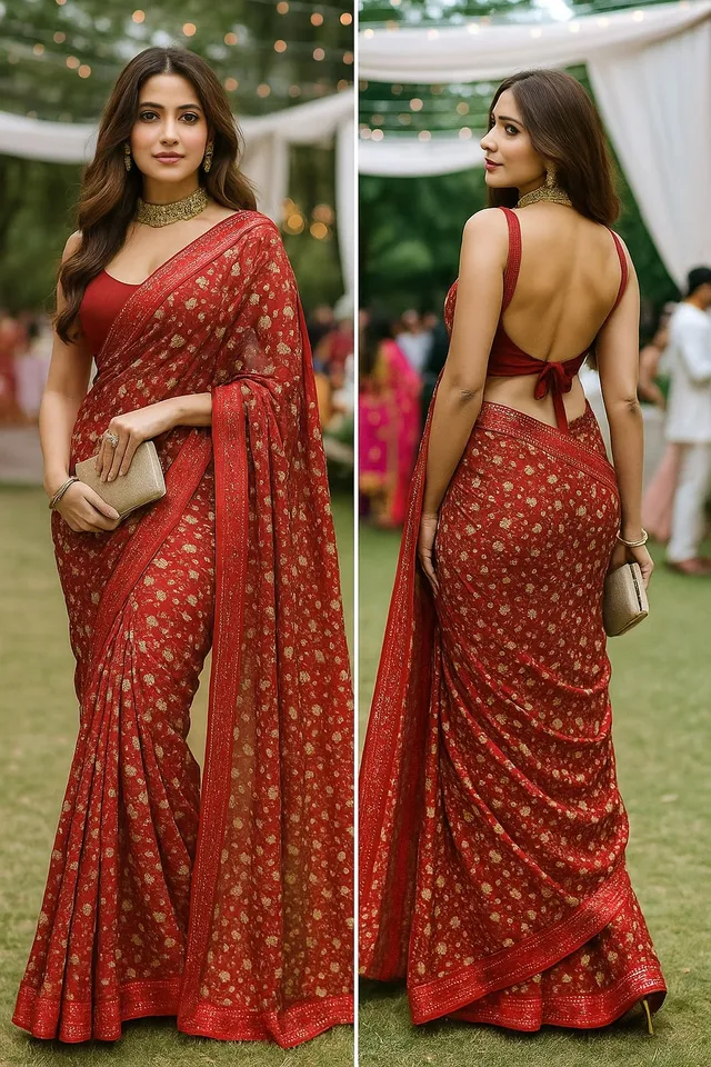Radiant Red Floral Light Weight Saree with Sequin Border - View 2