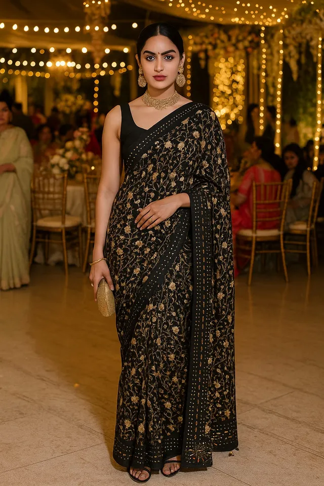 Elegant Black Floral Saree with Sequin Border - View 2