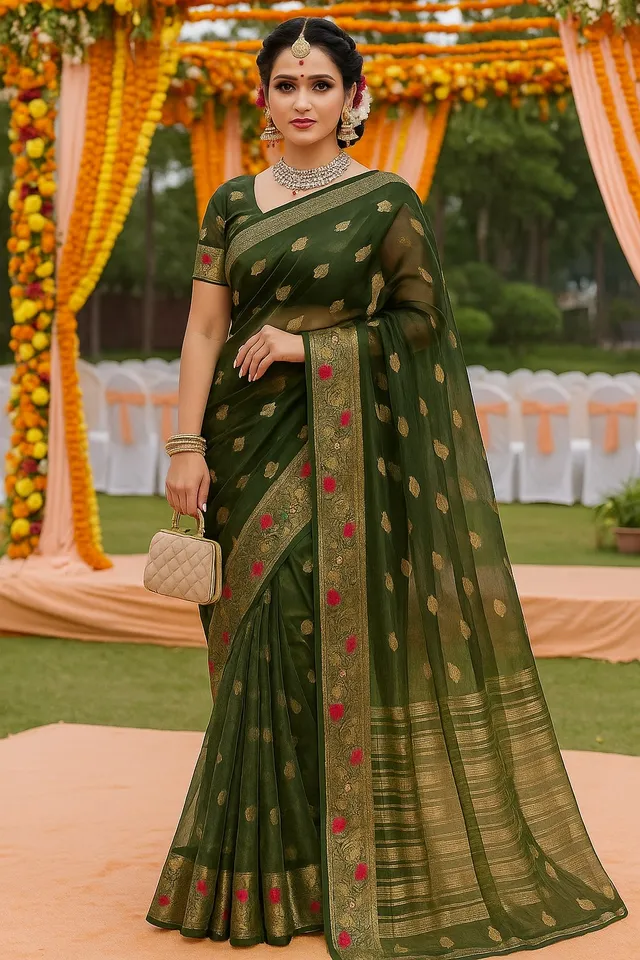 Mehndi Green Organza Silk Saree with Intricate Golden Zari Work - View 2