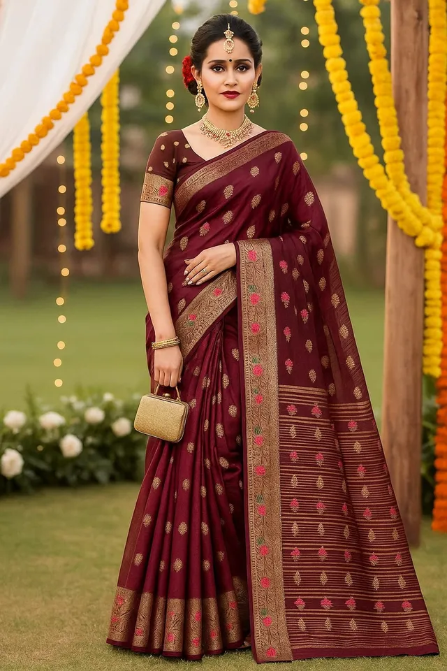Radiant Maroon Organza Silk Saree - Golden Zari