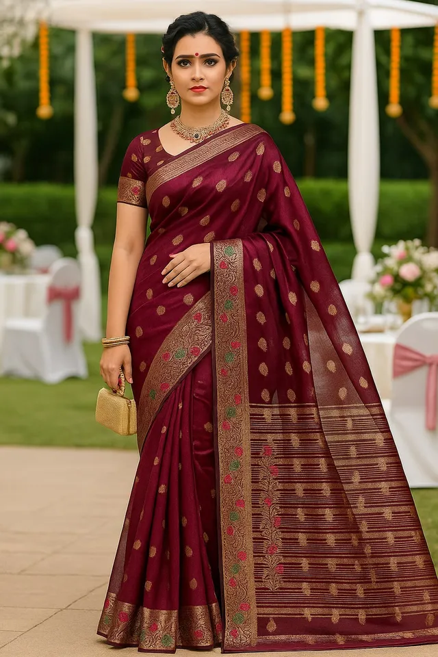 Radiant Maroon Organza Silk Saree - Golden Zari - View 2