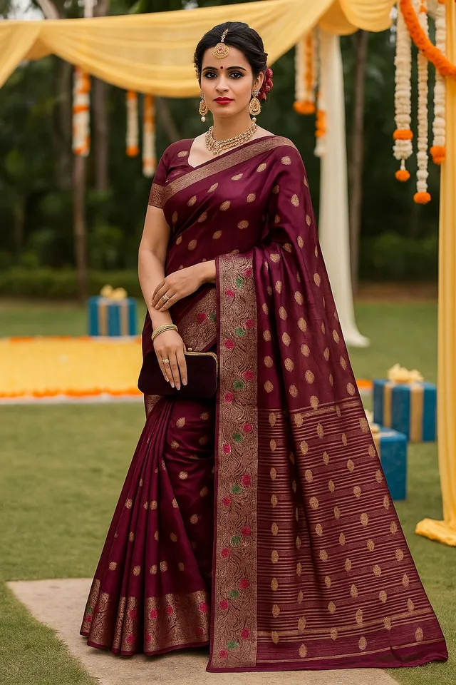 Radiant Maroon Organza Silk Saree - Golden Zari - View 3