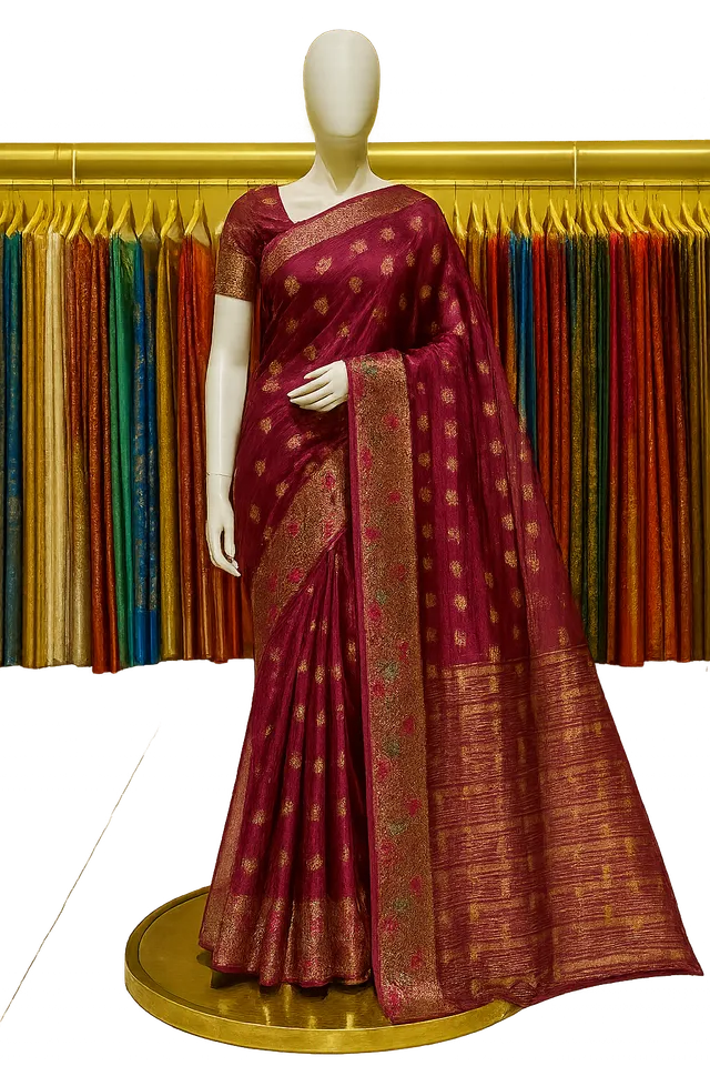 Radiant Maroon Organza Silk Saree - Golden Zari - View 4