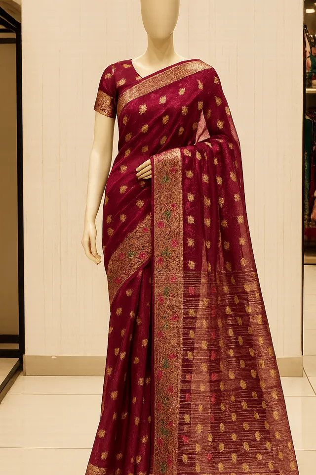 Radiant Maroon Organza Silk Saree - Golden Zari - View 5