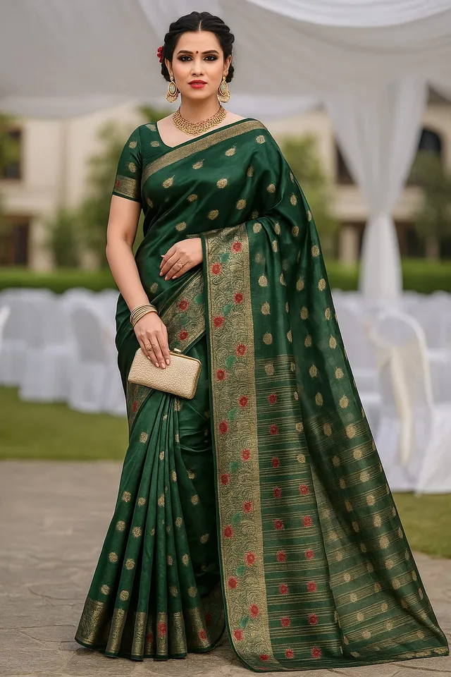 Radiant Green Organza Silk Saree with Golden Zari Motifs - View 2