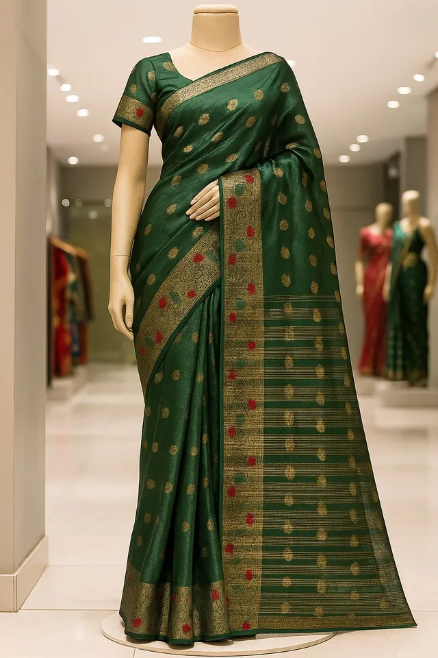 Radiant Green Organza Silk Saree with Golden Zari Motifs - View 5