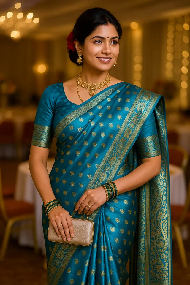Emerald Turquoise Blue Kanjeevaram Silk Saree - View 2