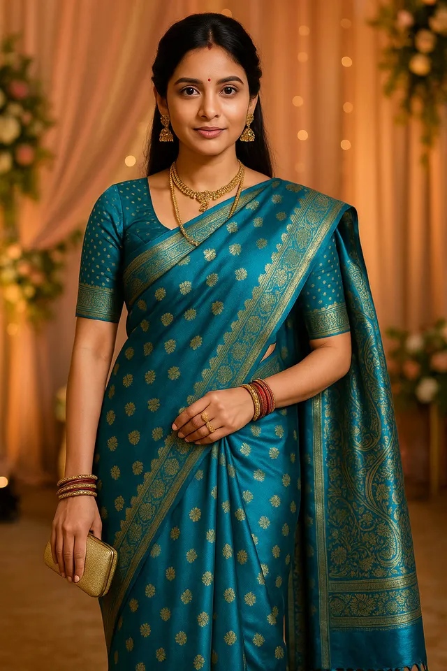 Emerald Turquoise Blue Kanjeevaram Silk Saree - View 3