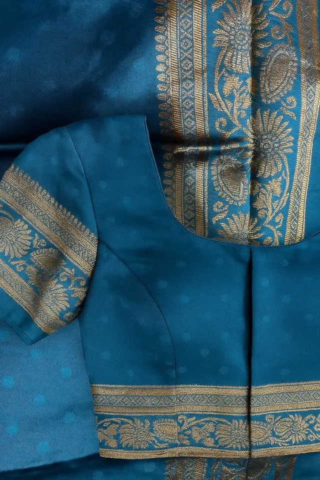 Emerald Turquoise Blue Kanjeevaram Silk Saree - View 4