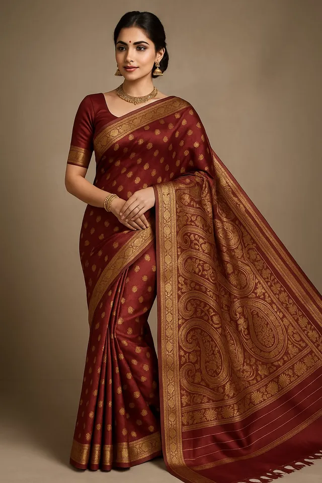 Emerald Maroon Kanjeevaram Silk Saree with Intricate Golden Zari Work