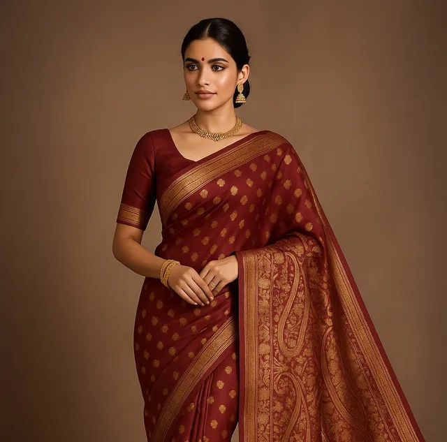 Emerald Maroon Kanjeevaram Silk Saree with Intricate Golden Zari Work - View 2