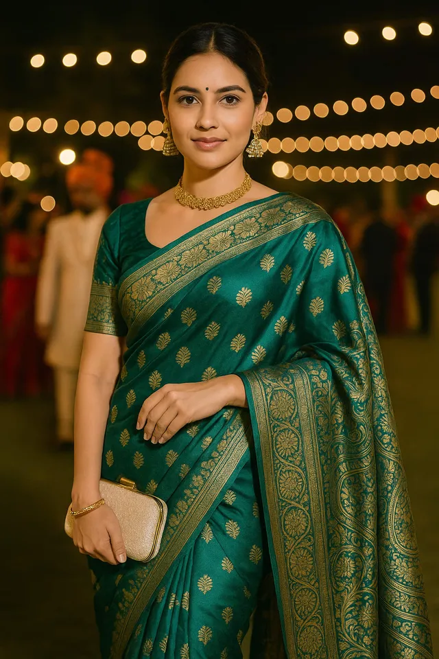 Emerald Green Kanjeevaram Silk Saree with Intricate Golden Zari Work - View 2