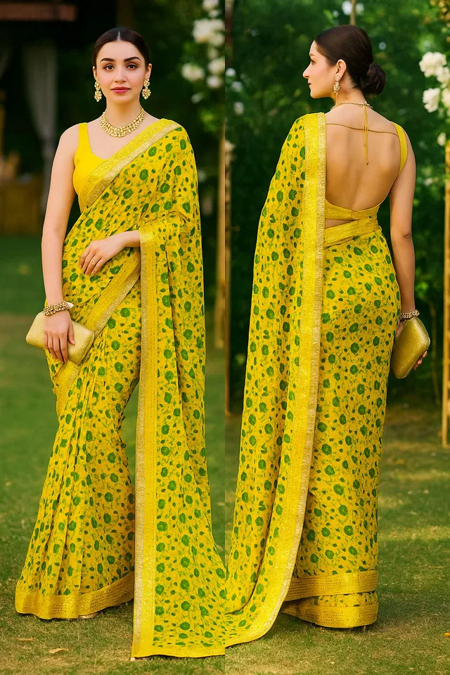 Vibrant Sunny Yellow Floral Saree - Mirror Work - View 3