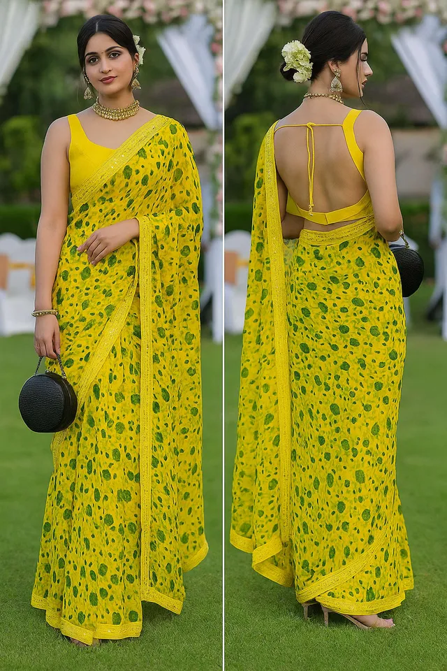 Vibrant Sunny Yellow Floral Saree - Mirror Work - View 4